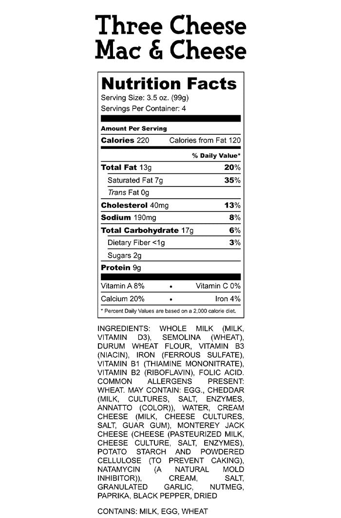 Three Cheese Mac And Cheese Nutrition Facts